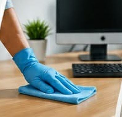 Gloved hand wiping down a desk with a microfibre cloth