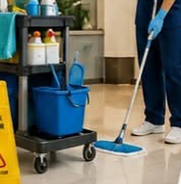 Cleaner mopping a floor beside a supply cart and wet floor sign
