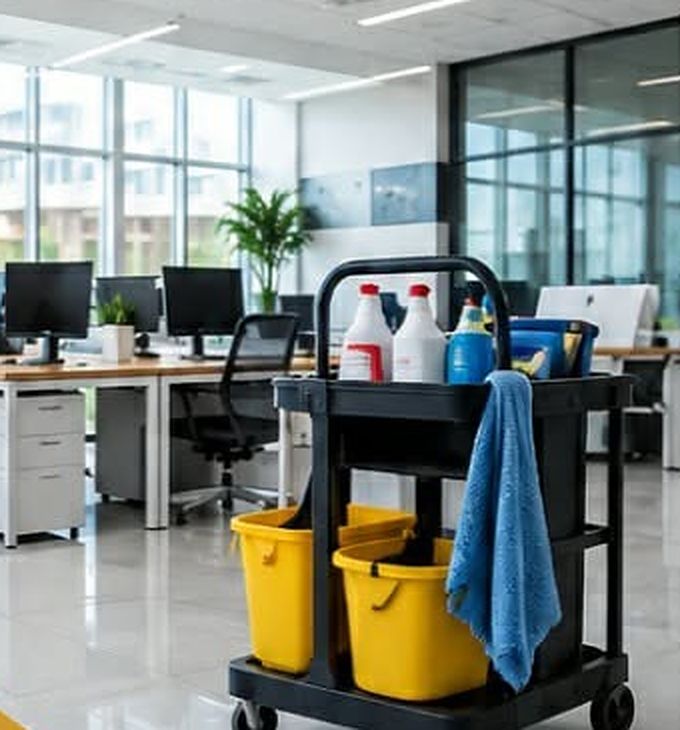 Cleaning cart with supplies in a bright open-plan office